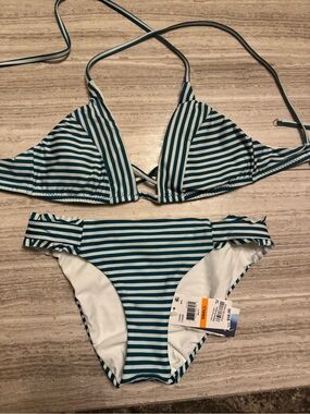 Striped Teal and White Triangle Bikini Set - Women Swim